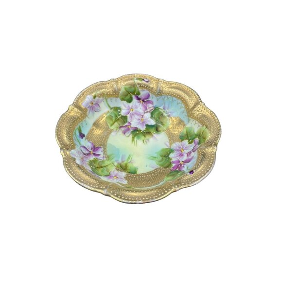 Antique Nippon Hand Painted Moriage Berry Bowl Purple Floral Gold Gilt 6” Bowl 1 - Picture 3 of 6